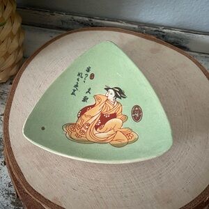 VTG Japanese Oriental Triangular Stoneware Plate 5" Incense Burner Woman Kimono